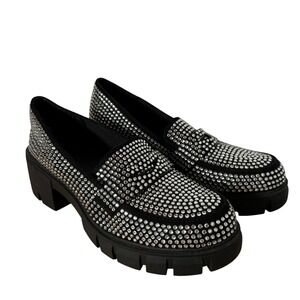 Whimsigoth Black Rhinestone Loafers Chunky Lug Sole Platform Size 10 Sparkly